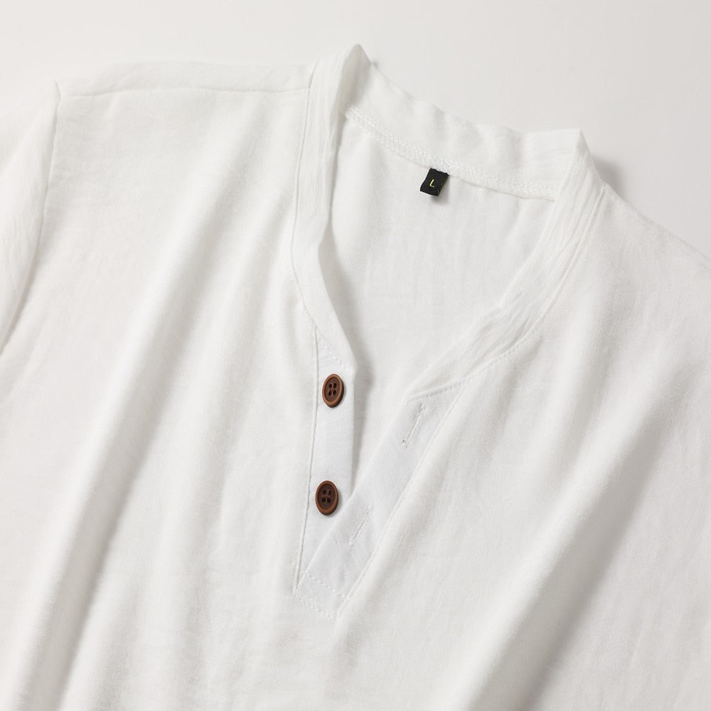 Herrarnas avslappnade henley-t-shirt – mjuk bomullsblandning för vardagsbruk – stilren t-shirt med kort ärm för avslappnade tillfällen