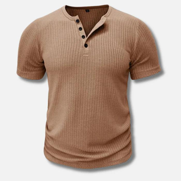 Muskelpassform henley-t-shirt - ribbad kortärmad topp för män