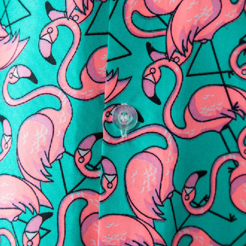 Herrkortärmad skjorta med tropisk flamingotryck - grön avslappnad klädsel för sommarens evenemang