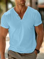 Herrarnas avslappnade henley-t-shirt – mjuk bomullsblandning för vardagsbruk – stilren t-shirt med kort ärm för avslappnade tillfällen